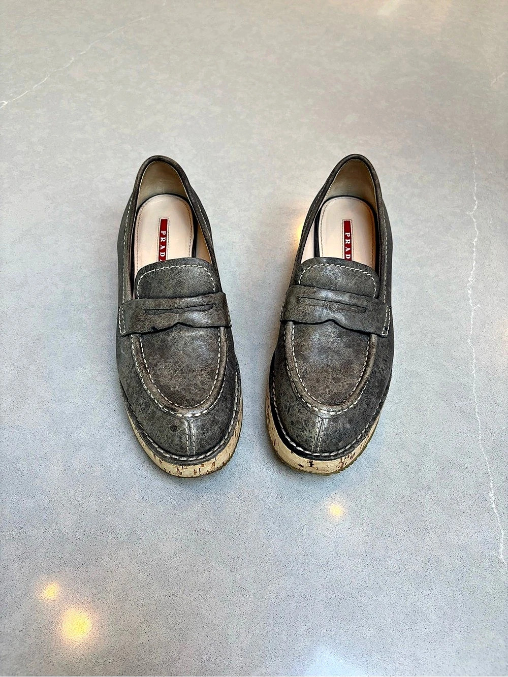 Vintage Prada Platform Leather Loafers 3D5643 Grey Cork Wedge